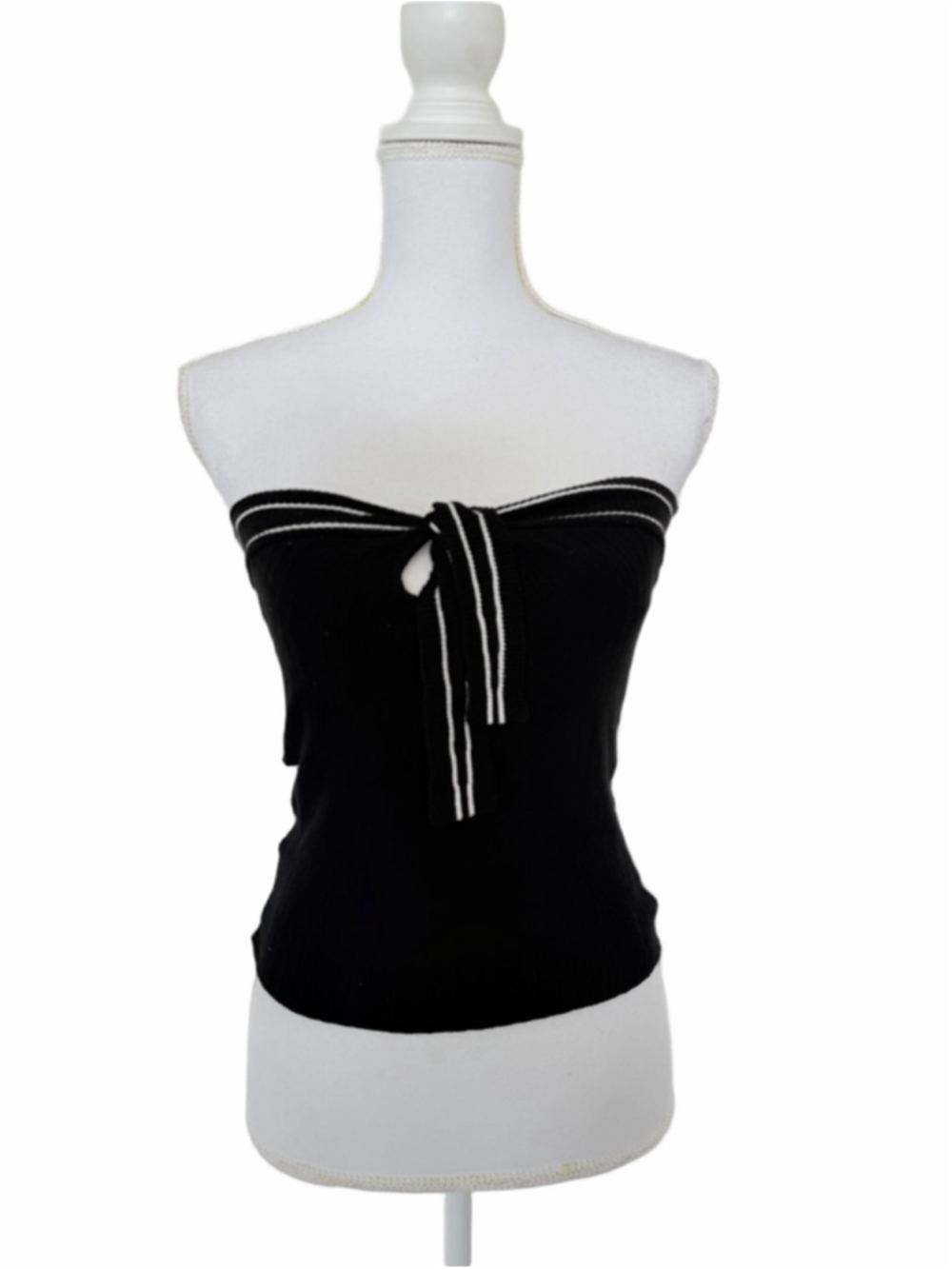 VTG Bebe Y2K Black Tube Top with White Pinstripe Bow Tie Front M